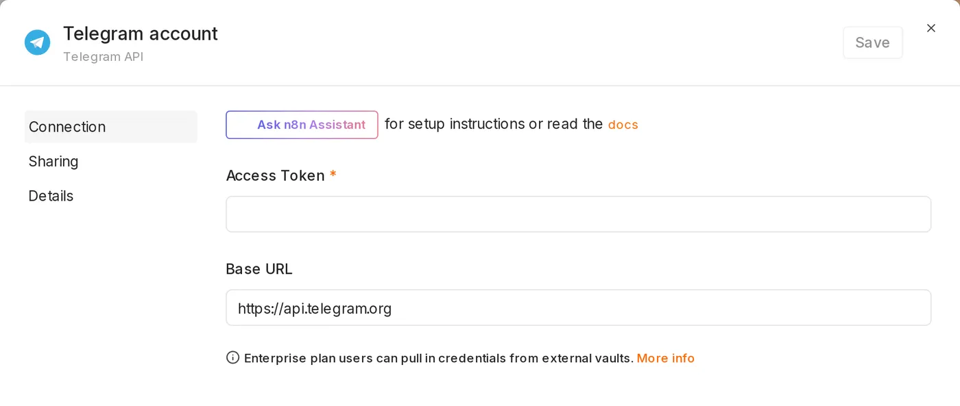 Telegram API 憑證設定畫面